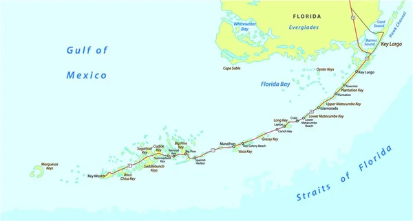 Detaild Florida Sleutels Weg Reizen Vector Kaart — Stockvector
