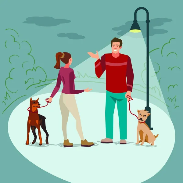 Young people (man and woman) walk in the park with their dogs in the evening when lighted lanterns. Illustration of people with pets in the street