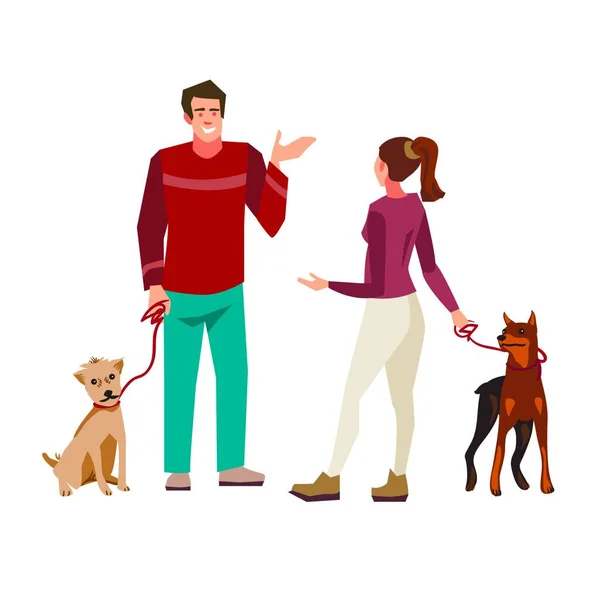 Les Jeunes Homme Fille Parlent Promenant Leurs Chiens Illustration Personnes — Image vectorielle