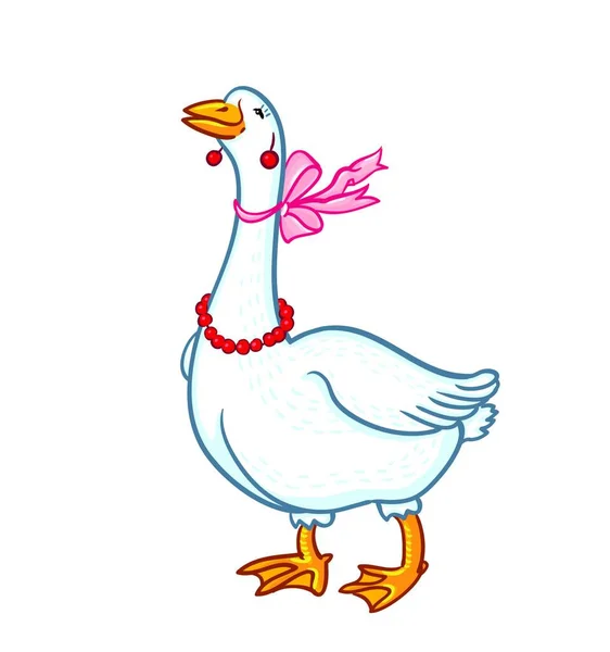 White Goose Pink Bowknot Isolated White Background Cartoon Funny Goose — Stock Vector