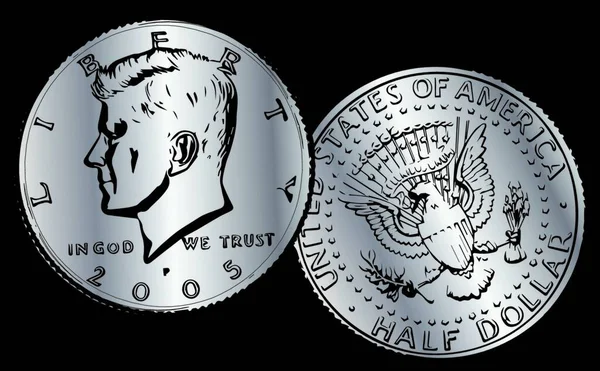 United Statws Jfk Hlava Půl Dolar Mince Izolované Černém Pozadí — Stockový vektor