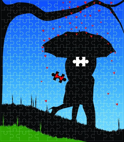 求愛のカップルは シルエット 心をその場所から行方不明ジグソー パズル フレームに赤キューピッド心セットの土砂降りの中 傘の下でキス — ストックベクタ