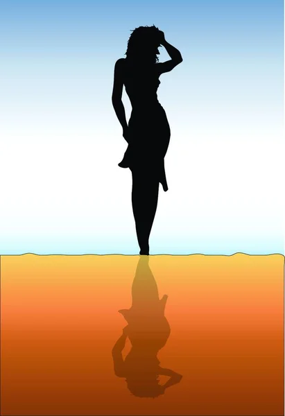 Een Meisje Silhouet Staand Een Strand Kijkend Naar Zonsondergang — Stockvector
