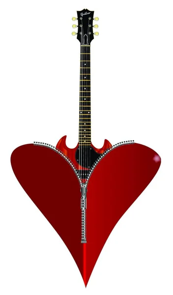 Kırmızı Bir Kalp Ile Içinden Yükselen Bir Gitar Gösterilen Bir — Stok Vektör