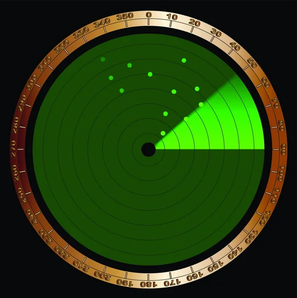 一种典型的绿色雷达装置的屏幕 具有渐进性和探测到的敌人 — 图库矢量图片