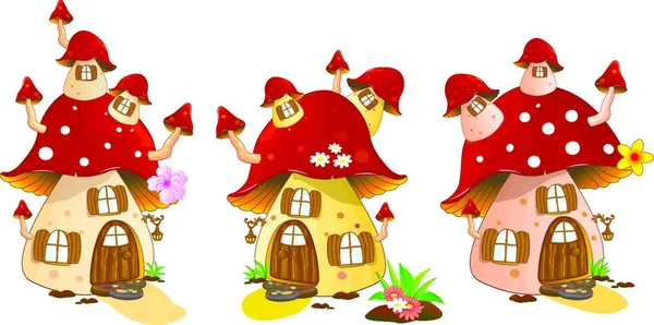 Cartoon Mushrooms Houses White Background Mushroom House Red Colors — Stock Vector