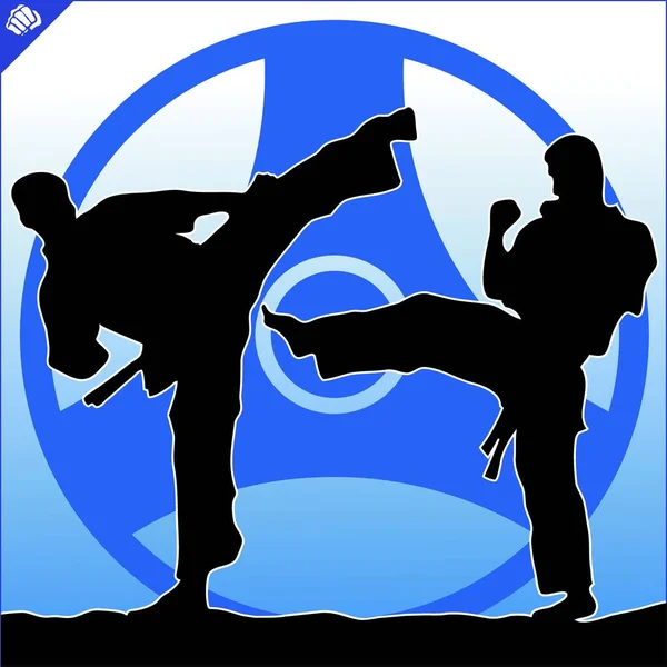 Karate Yüksek Tekme Amblemi Savaş Sanatı Erkek Tasarım Renkli Vektör — Stok Vektör