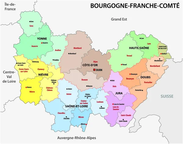 Mapa Administrativo Nova Região Francesa Bourgogne Franche Comte — Vetor de Stock