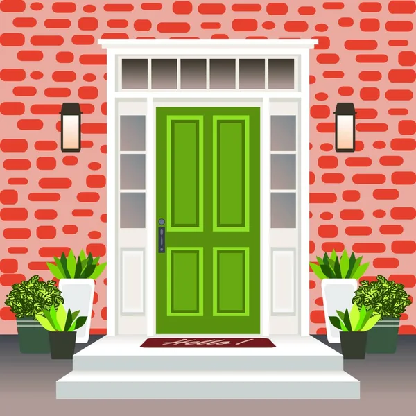 House door front with doorstep and lamps, flowers, entry facade building,  exterior entrance design illustration vector in flat style Stock Vector  Image & Art - Alamy