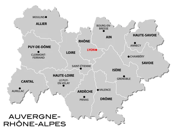 Eenvoudige Grijze Administratieve Kaart Van Nieuwe Franse Regio Auvergne Rhone — Stockvector