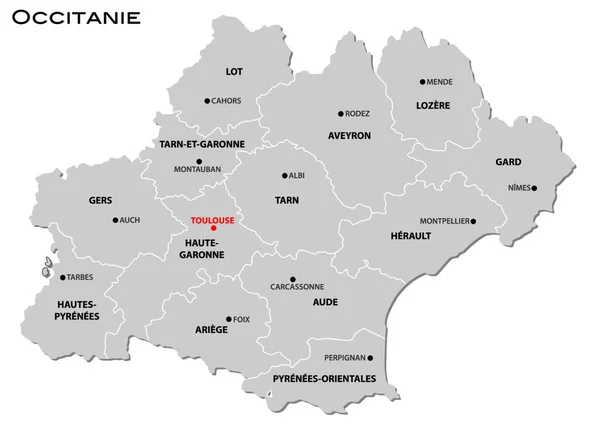 Semplice Mappa Amministrativa Grigia Della Nuova Regione Francese Occitanie — Vettoriale Stock