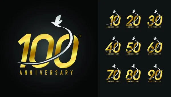 Conjunto Logótipo Aniversário Celebração Aniversário Ouro Com Pássaro Voador Design — Vetor de Stock