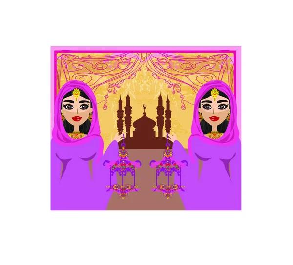 Schöne Muslimische Frauen Auf Moschee Hintergrund — Stockvektor