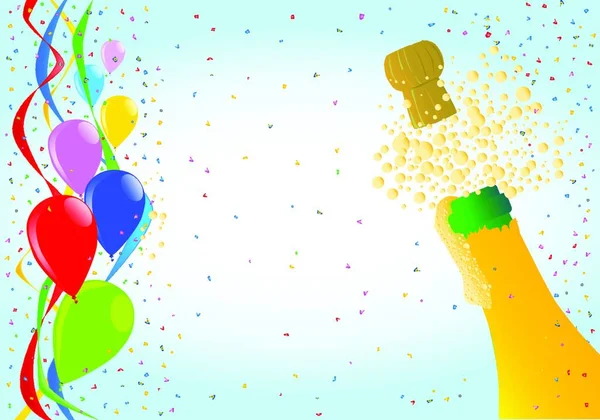 Bunte Luftballons Konfetti Und Luftschlangen Und Eine Champagnerflasche — Stockvektor