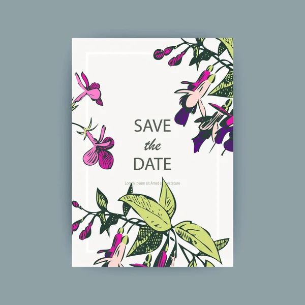 Βοτανική Γάμος Πρόσκληση Κάρτα Πρότυπο Σχεδιασμού Χέρι Φούξια Ροζ Λουλούδια — Διανυσματικό Αρχείο