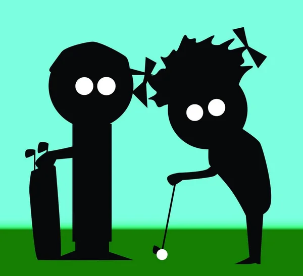 Silueta Una Pareja Personajes Dibujos Animados Jugando Una Ronda Golf — Archivo Imágenes Vectoriales