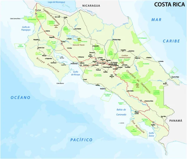 Costa Rica Straße Und Nationalpark Vektorkarte — Stockvektor