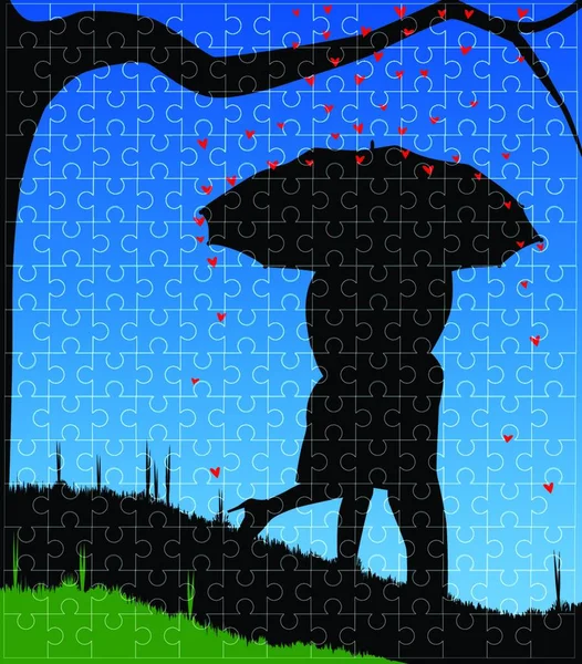 求愛のカップルは シルエット ジグソー パズル フレームに赤キューピッド心セットの土砂降りの中 傘の下でキス — ストックベクタ