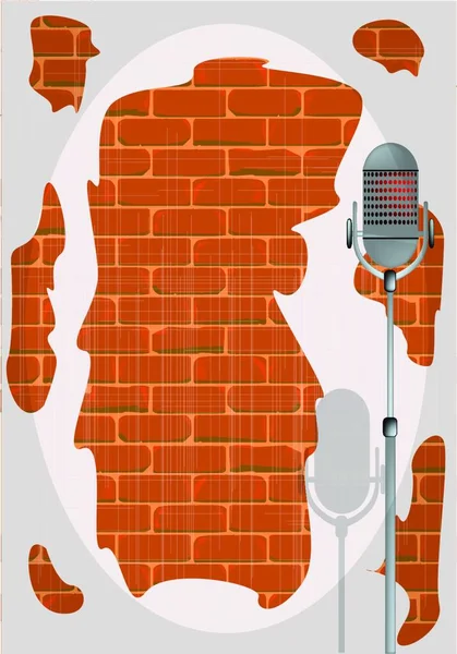 Ein Mikrofon Steht Auf Der Bühne Vor Einer Ziegelwand — Stockvektor