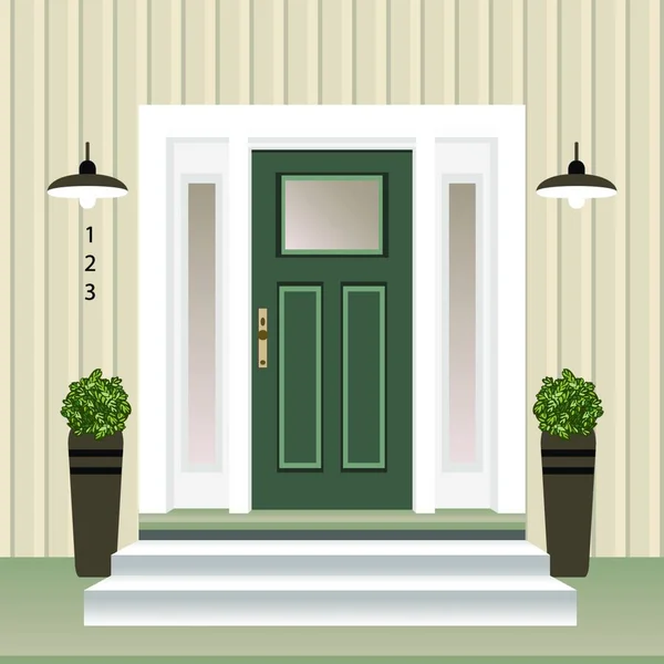 Deur Gevel Met Deur Stappen Porch Venster Lamp Bloemen Pot — Stockvector