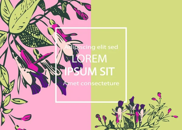 Projeto Modelo Cartão Convite Casamento Botânico Flores Folhas Rosa Fúcsia — Vetor de Stock