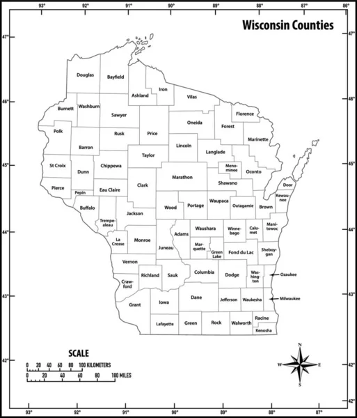 Wisconsin Estado Esboço Administrativo Político Mapa Vetorial Preto Branco — Vetor de Stock