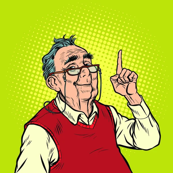Starší Muž Brýlemi Pozornost Gesto Ukazováček Usmívej Pop Art Retro — Stockový vektor