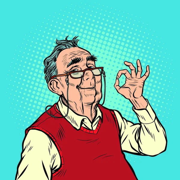 Sorrir Homem Idoso Com Óculos Gesto Pop Arte Retro Vetor — Vetor de Stock