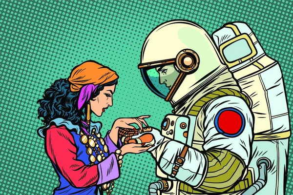 Μάντισσα Και Αστροναύτης Χειρομαντεία Χέρι Pop Art Εικονογράφηση Διάνυσμα Ρετρό — Διανυσματικό Αρχείο