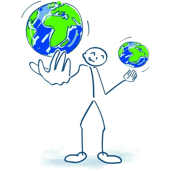 Stick Figure Jongle Avec Deux Globes Monde — Image vectorielle