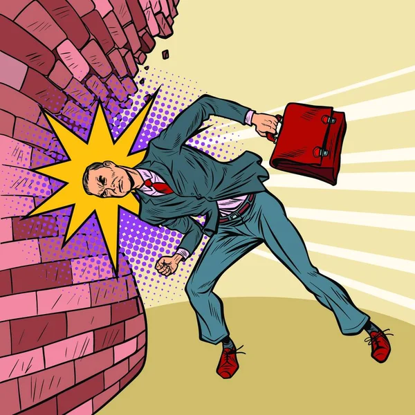 Businessman Breaks Wall His Head Pop Art Retro Vector Illustration — Stock Vector