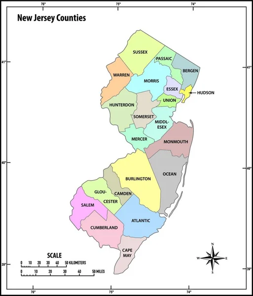Stát New Jersey Obrys Administrativních Politických Vektorové Mapy Barevně — Stockový vektor