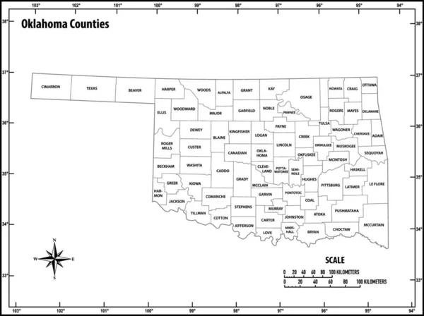 Oklahoma Delinea Mappa Vettoriale Amministrativa Politica Bianco Nero — Vettoriale Stock