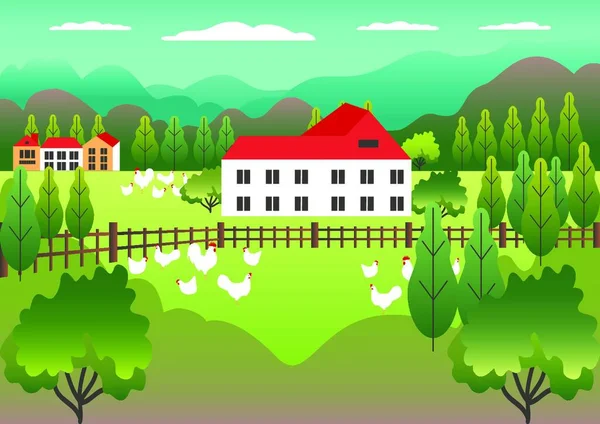 Vidéki Völgy Kilátás Farm Vidék Falusi Táj Tanyával Lapos Stílusban — Stock Vector