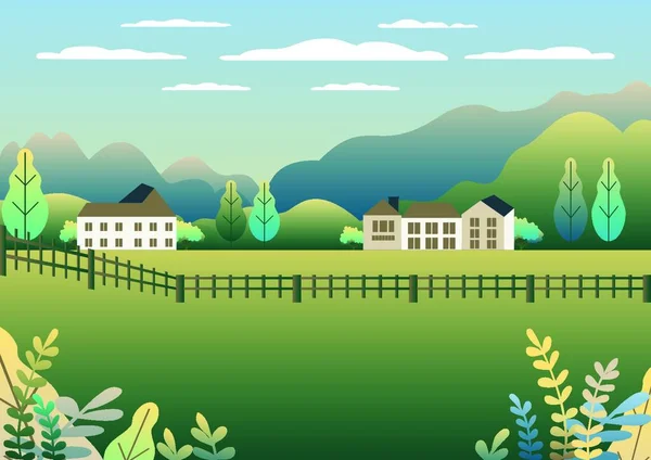 Rural valley view Farm countryside. Village landscape with ranch in flat style design. Landscape with detached house farm one family house, barn, building, tree, background cartoon vector illustration