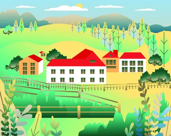 田舎の谷の景色農場の田舎 フラットスタイルのデザインで牧場と村の風景 一戸建ての農場と風景1つの家族の家 背景漫画のベクトルイラスト — ストックベクタ