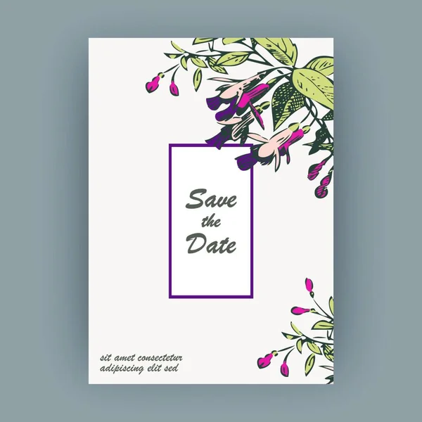 Botanická Svatební Pozvání Karta Šablony Design Ručně Kreslenou Fuchsie Květy — Stockový vektor