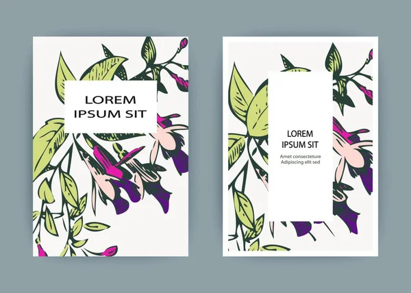 Diseño Plantilla Tarjeta Invitación Boda Botánica Flores Hojas Fucsia Dibujadas — Archivo Imágenes Vectoriales