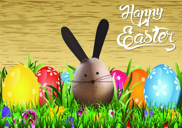 Happy Easter Wenskaart Met Konijn Kleurrijke Paaseieren Houten Textuur Achtergrond — Stockvector
