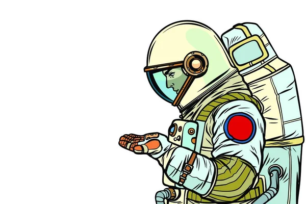 Astronaut Mit Leerer Handfläche Pop Art Retro Vektor Illustration Vintage — Stockvektor