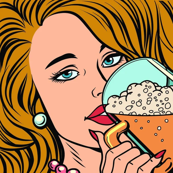 Mujer Bebiendo Cerveza Una Taza Dibujos Animados Cómics Arte Pop — Archivo Imágenes Vectoriales