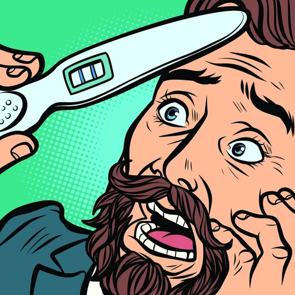 Těhotenský Test Strach Vousatý Bokovky Muž Manžel Otec Komické Kreslené — Stockový vektor