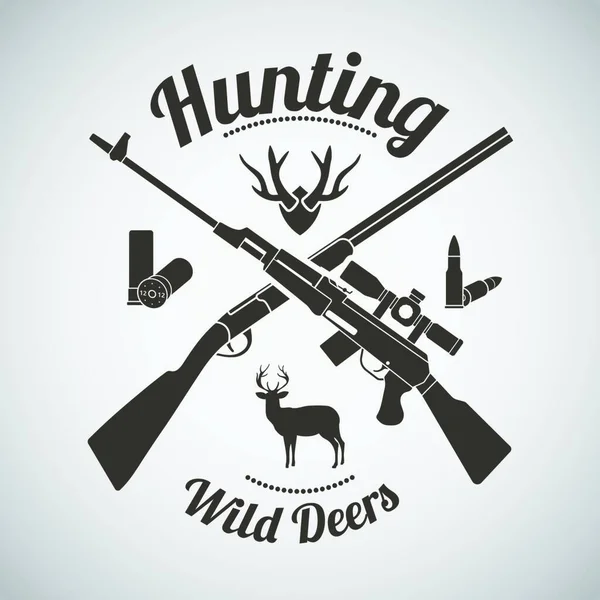 ビンテージのエンブレムを狩猟します 交差狩猟銃とライフルの弾薬 鹿の角 鹿のシルエット 暗い茶色のレトロなスタイル ベクトル図 — ストックベクタ