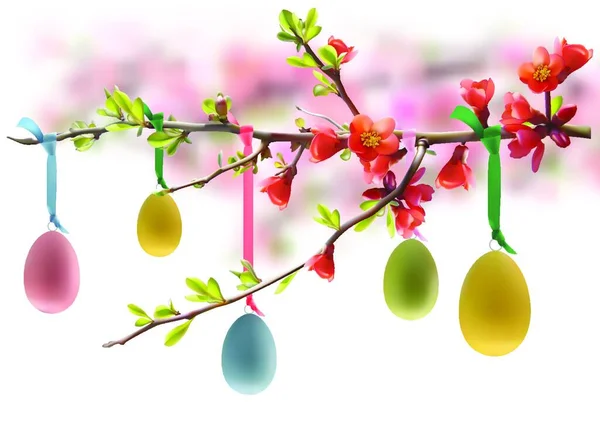 Ostereier Hängen Blühenden Zweig Farbige Illustration Auf Weißem Hintergrund Mit — Stockvektor