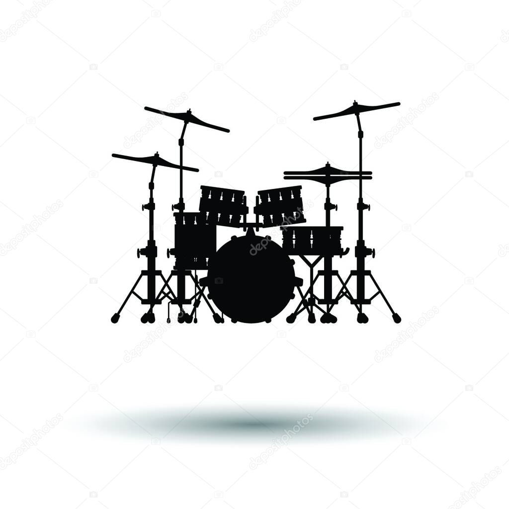 Drum set icon. White background with shadow design. Vector illustration.