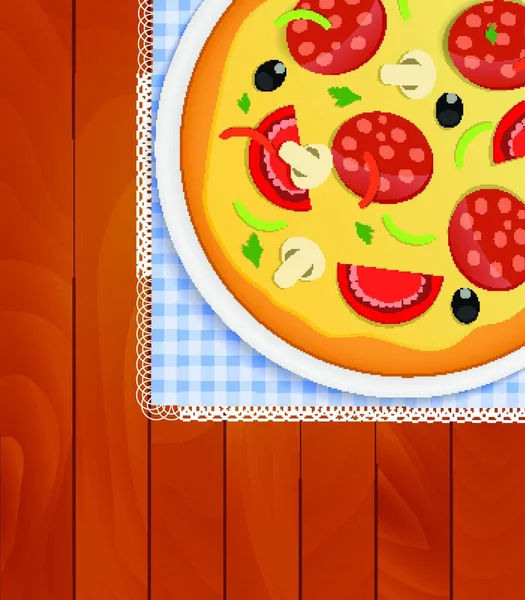 Pizza Placa Branca Guardanapo Cozinha Placas Madeira Fundo Vector Ilustração — Vetor de Stock