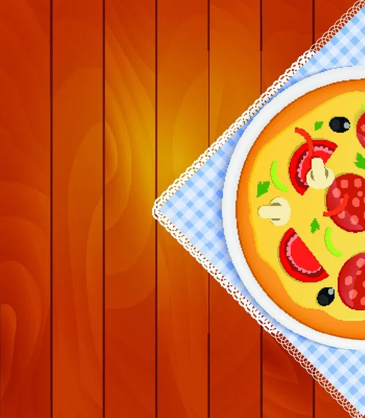 Pizza Placa Blanca Servilleta Cocina Tableros Madera Vector Fondo Ilustración — Vector de stock