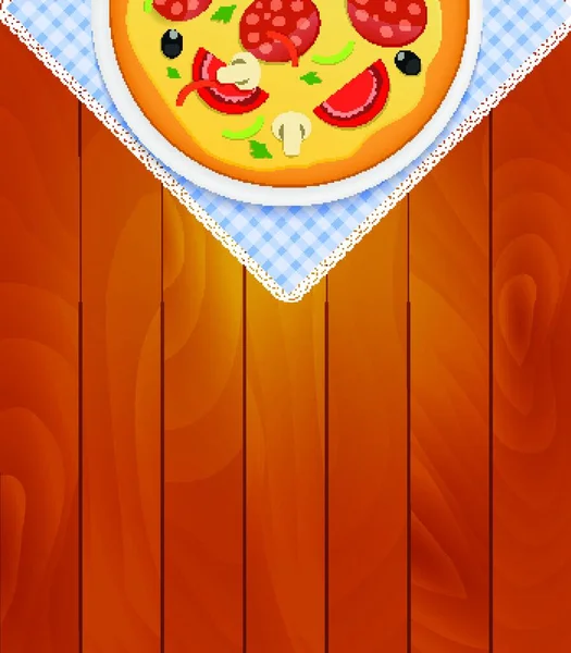 Pizza Bílé Desce Kuchyňském Ubrousku Dřevěných Deskách Pozadí Vektorové Ilustrace — Stockový vektor