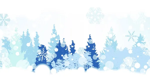 Kerst Sneeuwvlokken Achtergrond Met Een Silhouet Van Bomen Vector Illustratie — Stockvector