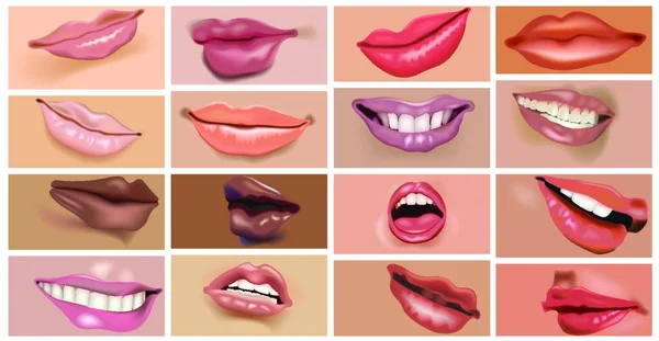 Ensemble Lèvres Pour Femme Avec Maquillage Rouge Lèvres Exprimant Différentes — Image vectorielle
